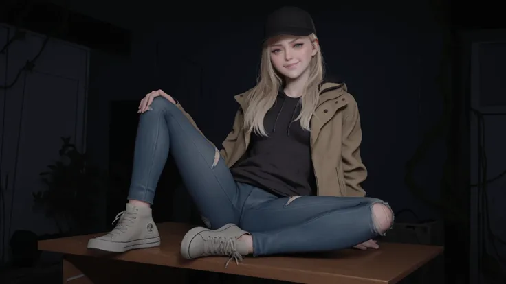 masterpiece, best quality, amazing quality, very aesthetic, absurdres, newest,   r0silf, 3d, 1girl, long hair, blonde hair, blue eyes, spiky hair, small breasts, baseball cap, jacket, hood down, jeans, ripped jeans, sneakers, adult girl, sexy pose, seducti...