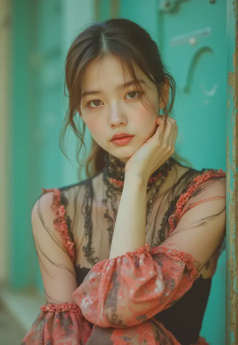 Luxury fashion photo of an Asian model wearing a black and red special design dress, tight waist shows proportion, flowing long skirt, sexy poses that are doable, Realistic sharp face, pastel finish background, Highlight Textures and Textures