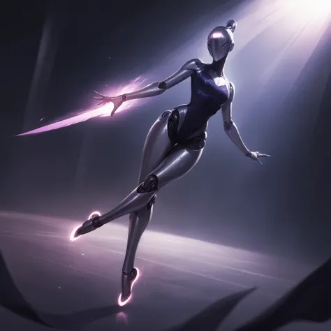 Futuristic ballerina robot with blade-like legs, glowing purple energy in subtle rays, set in a dark metallic arena, cinematic lighting, high resolution, no face, no hair.
