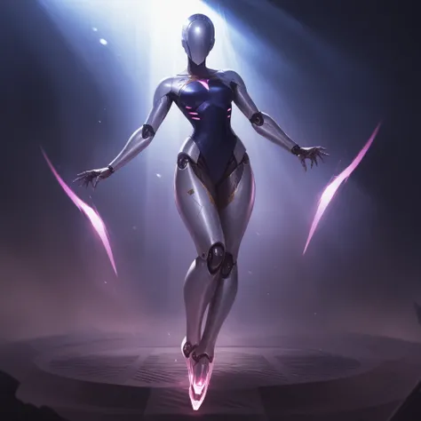 Futuristic ballerina robot with blade-like legs, glowing purple energy in subtle rays, set in a dark metallic arena, cinematic lighting, high resolution, no face, no hair.