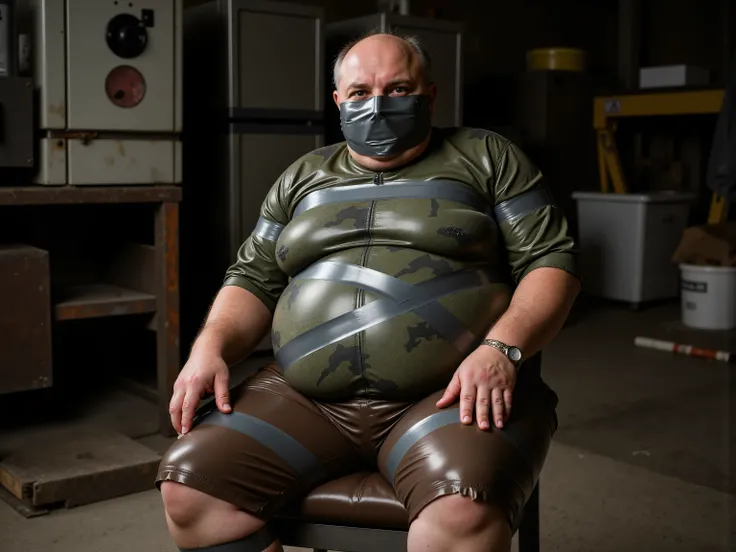 A 94 year old fat ugly white obese man with weathered skin, bound tightly in layers of glossy black duct tape across his torso and limbs, sits slumped on a rusted industrial chair in a derelict factory, wearing tattered rubber camouflage shorts with a thic...