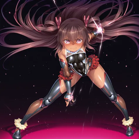 mizuki yukikaze,taimanin suit,,(full body),heart shaped pupils,brown hair,very long hair,two side up,hairing,pink eyes, hair ribbon, tan, anime screencap, (dark,pink light:1.2),(dynamic pose,battle pose),angry
