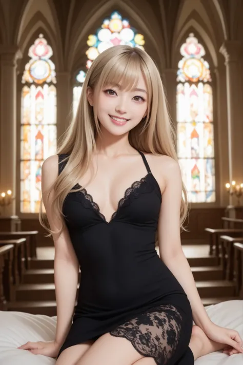 A realistic digital photograph of a young japanese girl. she has pretty small breasts. sh has absolutely long hair reaching her hip, ash blonde hair, bang hair.  bright brown eyes. she wears a black chiffon dress, that looks comfortable and effortless, flo...