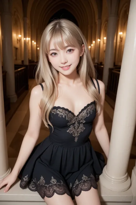 A realistic digital photograph of a young japanese girl. she has pretty small breasts. sh has absolutely long hair reaching her hip, ash blonde hair, bang hair.  bright brown eyes. she wears a black chiffon dress, that looks comfortable and effortless, flo...