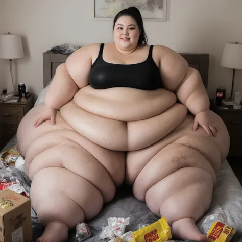 A highly detailed photorealistic photo of the most extremely fat, astronomically oversized woman imaginable sitting on her bed in a full body shot. She is an ultra-morbidly obese, hyper giga mega SSBBW weighing over 2000 pounds, with endless overlapping fa...