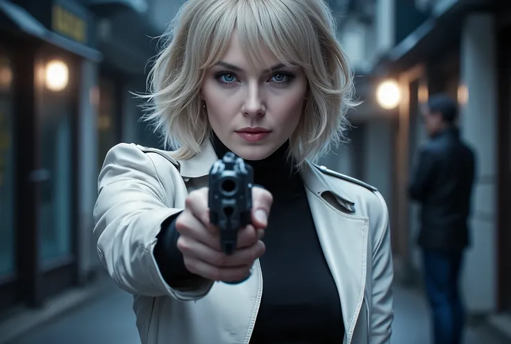 Ultra-realistic cinematic portrait of a fierce blonde woman in a neo-noir setting. She has platinum blonde hair in a short, choppy bob with bangs covering her eyes, perfectly framing her sharp and symmetrical face. Her gaze is cold, focused, and deadly, st...