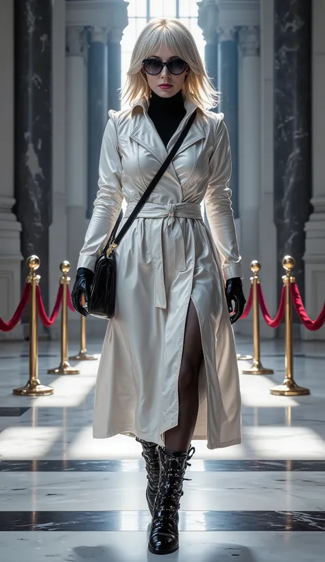 Ultra-realistic cinematic full-body shot of a striking blonde woman walking confidently through a grand, luxurious interior. She has platinum blonde hair styled in a medium-length bob with soft waves, glowing under diffused natural light. Her skin is fair ...