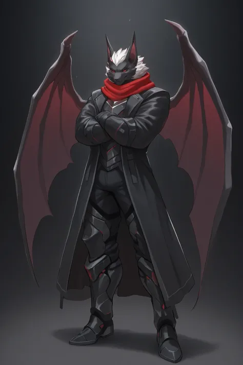 4g1typ3,Male, tall, lean, athletic build, anthropomorphic bat, black fur with red highlights, red eyes, short white hair, large bat wings folded behind, wearing a dark semi-futuristic armor with metallic details under a long coat, red scarf around his neck...