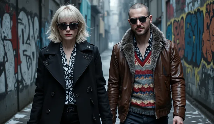 Ultra-realistic cinematic scene of two people walking side by side through a narrow urban alley covered in colorful graffiti. The atmosphere is cold, tense, and stylish, evoking a neo-noir espionage thriller.
The woman on the left has platinum blonde hair...