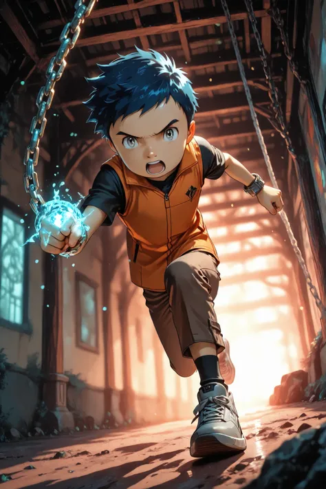1boy,male focus,henry wong, blue hair, grey eyes,orange vest,black shirt,light grey wristbands,dark brown trousers,black socks,grey sneakers with yellow accents,detailed face, detailed eyes,intense eyes,open mouth,full body,running,white chain,fighting wit...
