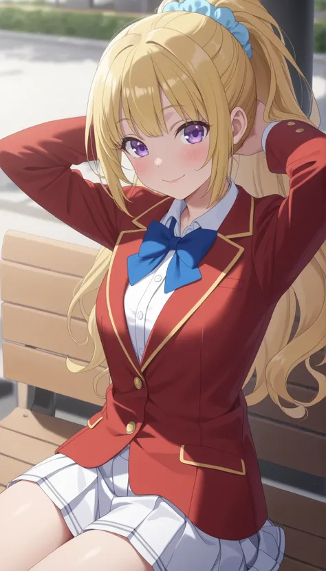 1 girl、Purple Eyes、bungs、long hair、blonde hair、hair scrunchies、ponytail、blue scrunchies、hair ornaments、red blazer ,buttoned blazer ,blue bow tie、long sleeve、white shirt、pleated skirt、white skirt、closed mouth, glossy lips,thigh ,arms behind head, sitting on...