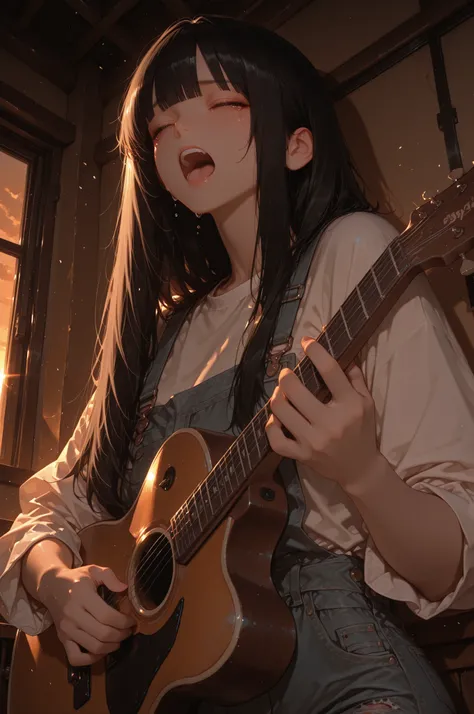score_9, (masterpiece, best quality, dramatic lighting, emotional scene), 8k, 1girl,young,standing, upper body, strong backlight, sunset rays from window, tatami room, nostalgic, singing passionately, screaming, tightly closed eyes, wide open mouth, tears ...