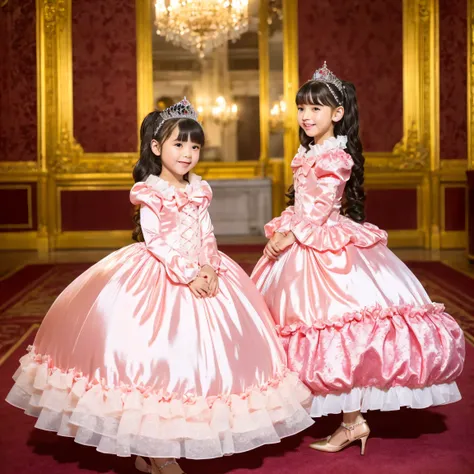 Full Body ,pink silk satin victorian ball gown dress. 10 years old,European girl,Little Girls, face,short,long sleeve,puff sleeve to put on your stomach,ruffle sleeve,(((Ruffle yoke collar that completely covers the shoulders :1.0))),the dress is decorate...