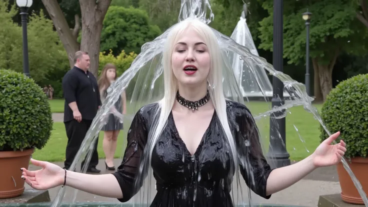 A beautiful 18-year-old goth girl with long white hair that goes all the way down to her calves.  She is wearing a black lace-top peasant dress, black high heels, a black spiked choker, black lipstick, smoky eye shadow, and long black press-on false nails....