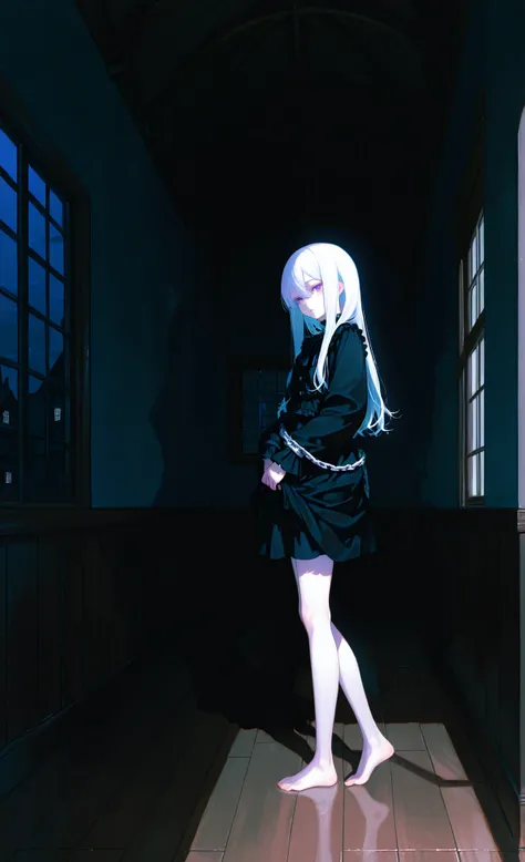 Highest Quality、masterpiece、8K High Resolution、1 girl、A white chain is wrapped around it、moonlight、 dark hallway、Barefoot、standing in the teacher's house、backlight、silhouette、long hair、Light from the Window、Pale Light、shadow、fantastic atmosphere、Silence、Cr...