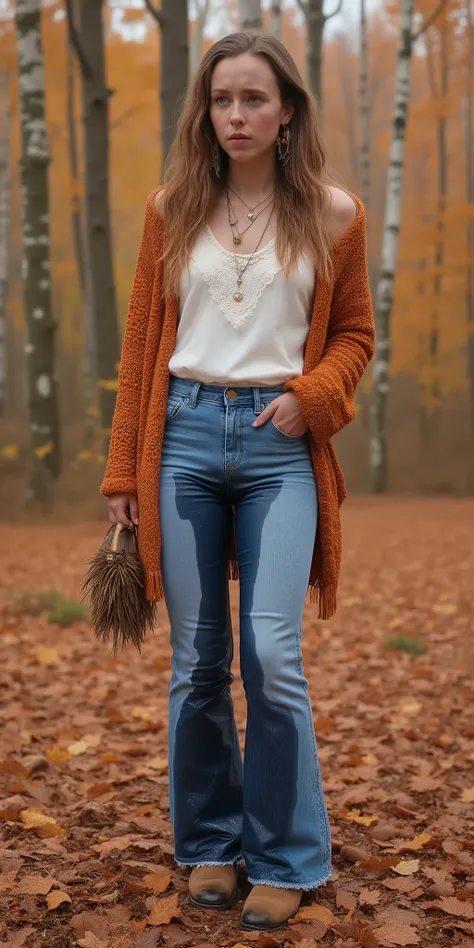 peed, large water stain, 1girl, 8k high resolution, best quality, youthful Norwegian female, long wavy chestnut brown hair with soft natural highlights, smooth forehead, green eyes, light skin with warm autumn glow, slim body with gentle curves, B-cup bust...