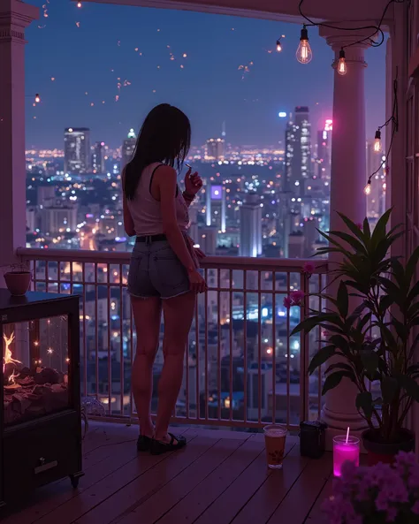Rooftop Party, When the party takes place inside, a girl alone on the porch is smoking a cigarette and a cup of drink is resting on the porch frame, of the Rooftop you can see the city illuminated down there