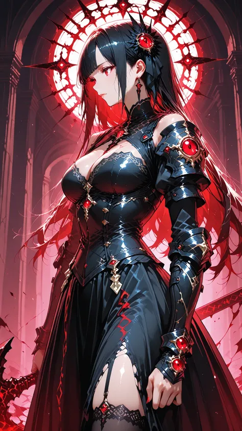 masterpiece,high resolution,1 Girl,Ultimate Details, Heir to the Dark Kingdom, Princess Who Awakens to the Power of Darkness,Long black hair,Black Armor Dress with Gothic Decorations, Silver thread embroidery, Noble profile,Awakening Evil Eye, Power to Fol...