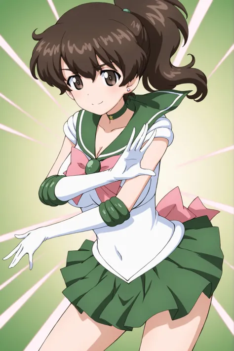 Masterpiece, 1girl, solo, koyama yuzu \(girls und panzer\), sailor jupiter cosplay (green skirt, sailor Jupiter pose, green background with pink lighting bolts, smile, Girls Und Panzer art style