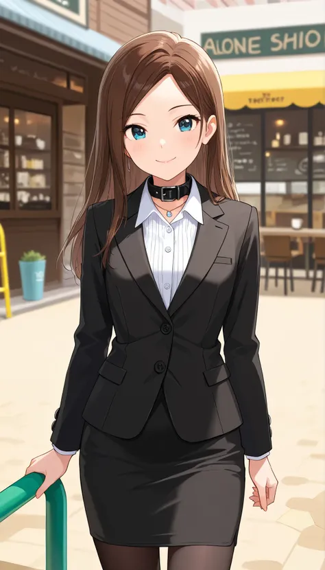 cowboy shot、masterpiece, Best Quality,  very detailed on playground equipment, Thin legs、 Beautiful Details, Fine texture, Fine skin,  very cute girl Alone, Happy smile, closed mouth, rouge lips, Deep Blue Eyes , Brown Hair,  Right-parted bangs, ( Long Sle...