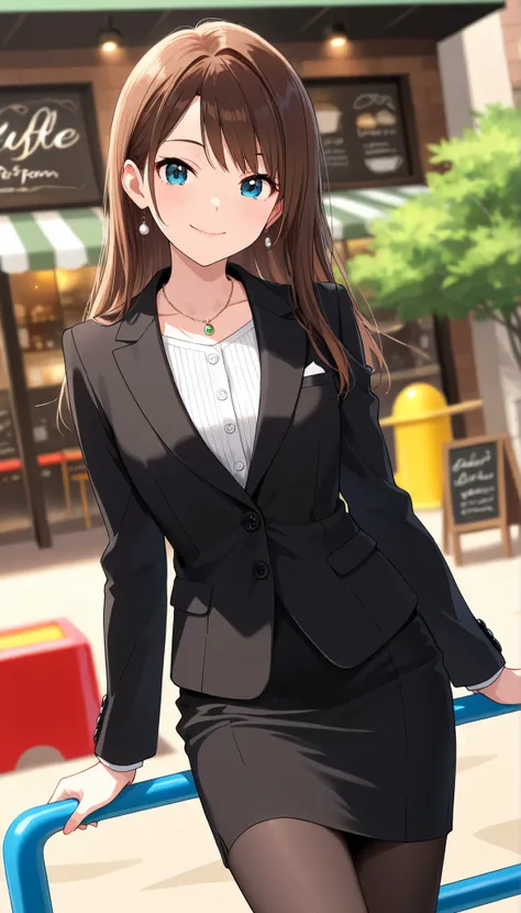 cowboy shot、masterpiece, Best Quality,  very detailed on playground equipment, Thin legs、 Beautiful Details, Fine texture, Fine skin,  very cute girl Alone, Happy smile, closed mouth, rouge lips, Deep Blue Eyes , Brown Hair,  Right-parted bangs, ( Long Sle...