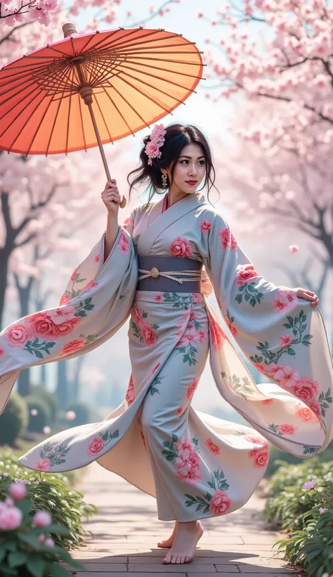 Full body close up view A graceful woman in a flowing, colorful kimono, barefoot, flower on black hair, twirls with an colorful umbrella, surrounded by cherry blossoms. A serene realistic scene. garden scenario.