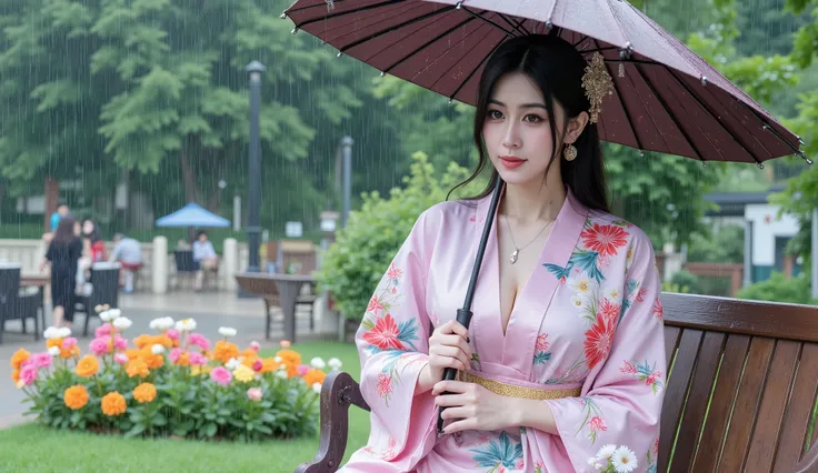 single beautiful Korean woman in kimono sitting on park bench holding umbrella, big breasts, cleavage, colorful flowers, photo-realistic painting by Raymond Han, tumblr, fantasy art, wet from rain, soaked, rain outside, under the rain, in the middle of the...