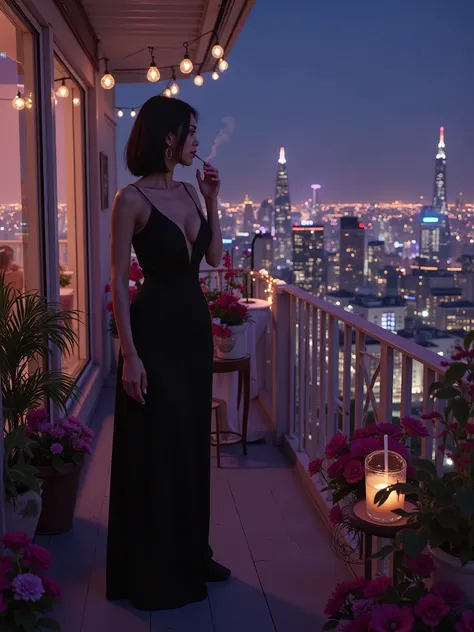 Rooftop Party, When the party takes place inside, a girl alone on the porch is smoking a cigarette and a cup of drink is resting on the porch frame, of the Rooftop you can see the city illuminated down there