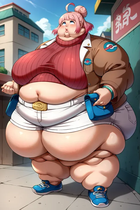 Fat_neck , Fat head , eyes with crushed cheeks , nose with crushed cheeks , mouth with crushed cheeks , chin roll , chubby, obesity, chubby, shortness of breath, Wide angle , Ultra-detailed illustration , masterpiece , top quality, fat, chubby, obese , tau...