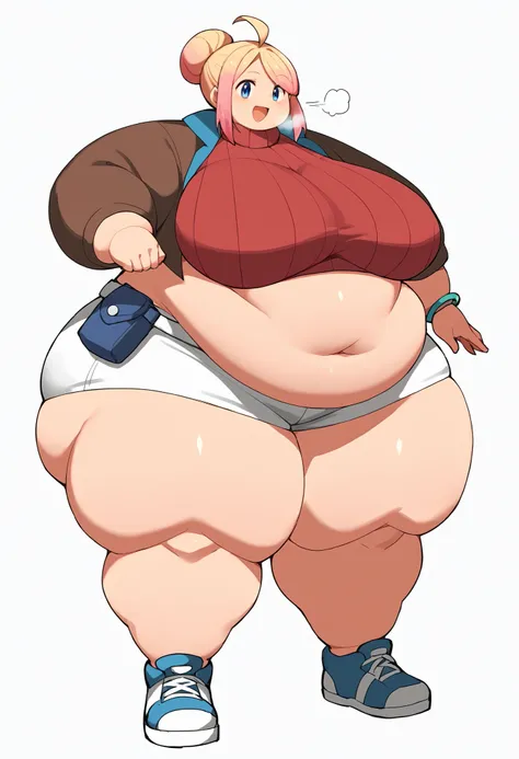 taunie, aged up, taunie \(pokemon\), pink hair, blonde hair, gradient hair, multicolored hair, single hair bun, ahoge, blue eyes, short hair, sidelocks brown jacket, long sleeves, open jacket, red sweater, ribbed sweater, crop top, turtleneck, single brace...