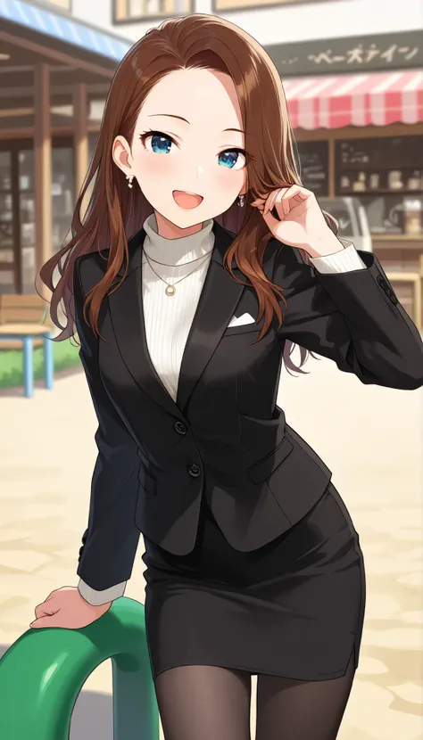 cowboy shot、masterpiece, Best Quality,  very detailed on playground equipment, Thin legs、 Beautiful Details, Fine texture, Fine skin,  very cute girl Alone, Happy smile, open mouth, rouge lips, Deep Blue Eyes , Brown Hair,  forehead, (( Long Sleeve suit,  ...