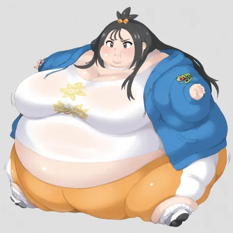 zalida, lida \(pokemon\), aged up, black hair, black eyes, long hair, bangs, sidelocks, topknot, hair bobbles, ear piercing, partially open jacket, blue jacket, hooded jacket, hood down, zipper pull tab, long sleeves, single bracelet, jewelrly, collarbone,...