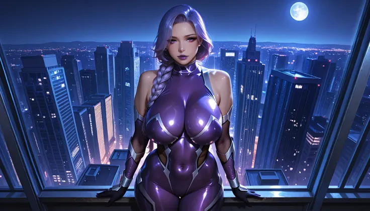 score_9, photorealistic, hyper realistic, ultra detailed, high quality. ruanyi0936, beautiful Caucasian woman, long purple hair in a braid, purple eyes, big breasts, thin waist, wide hips, thick thighs, sensual body, purple lipstick, taimanin suit, bare sh...