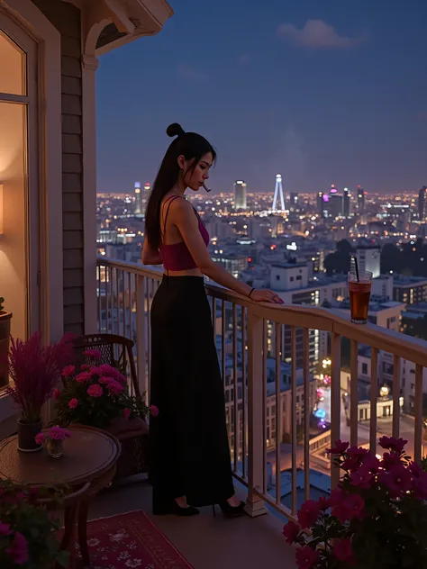 Rooftop Party, When the party takes place inside, a girl alone on the porch is smoking a cigarette and a cup of drink is resting on the porch frame, of the Rooftop you can see the city illuminated down there