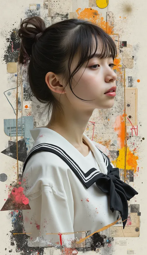 collage art, reminiscent of the girl's dual nature, Combining a minimalist profile with blended identity, full body shot, skinny delicate 13yo temptress girl in neat school uniform, hair bun, she is looking at herself in the abstract geometric mirror, one ...