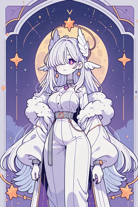 (novuschroma15 style,)(Chibi) (feathered head wings, silver-white head wings,) The winged woman is angel. She has a mature bodybuilding with big breasts , thin waist and wide hips. She has sparkling white skin. She has fluffy feathered winged ears on her h...