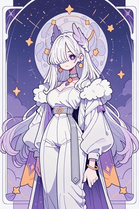 (novuschroma15 style,)(Chibi) (feathered head wings, silver-white head wings,) The winged woman is angel. She has a mature bodybuilding with big breasts , thin waist and wide hips. She has sparkling white skin. She has fluffy feathered winged ears on her h...