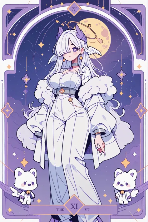 (novuschroma15 style,)(Chibi) (feathered head wings, silver-white head wings,) The winged woman is angel. She has a mature bodybuilding with big breasts , thin waist and wide hips. She has sparkling white skin. She has fluffy feathered winged ears on her h...