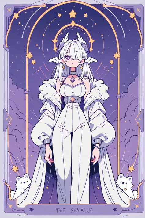 (novuschroma15 style,)(Chibi) (feathered head wings, silver-white head wings,) The winged woman is angel. She has a mature bodybuilding with big breasts , thin waist and wide hips. She has sparkling white skin. She has fluffy feathered winged ears on her h...