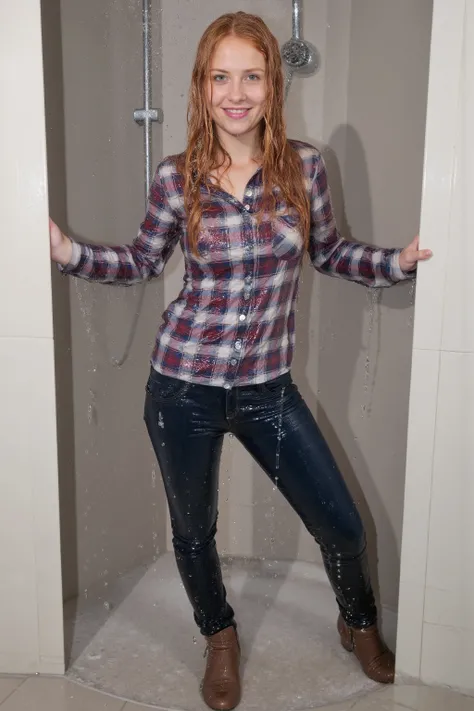 Uncensored, A girl with long red-blonde hair, soaking wet hair, very attractive 20-year old girl, viewed right from the front, full body view, enjoying being all wet, inviting smile, showing her teeth, looking into the camera, her arms spread to her si...