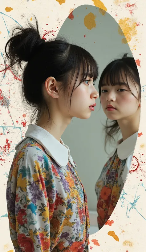 collage art, reminiscent of the girl's dual nature, Combining a minimalist profile with blended identity, full body shot, skinny delicate 13yo temptress girl in neat school uniform, hair bun, she is looking at herself in the abstract geometric mirror, one ...