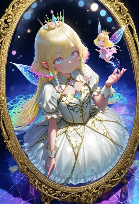 Young Woman Seated in a Crystal Chair,Graceful Posture,Strange Expression Reflected in the Mirror,A demon is peeking out of a mirror、magic palace ,Mysterious Atmosphere,the moon floating in the night sky,glittering decoration,Gorgeous Costumes,beautiful ey...