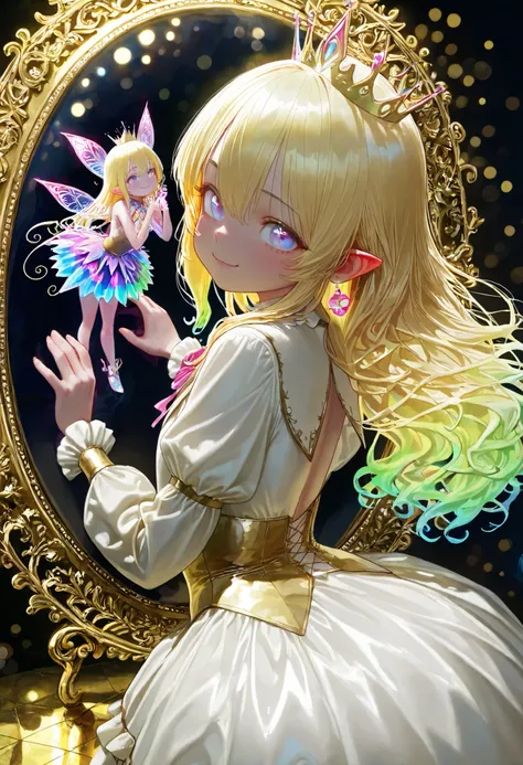 Young Woman Seated in a Crystal Chair,Graceful Posture,Strange Expression Reflected in the Mirror,A demon is peeking out of a mirror、magic palace ,Mysterious Atmosphere,the moon floating in the night sky,glittering decoration,Gorgeous Costumes,beautiful ey...