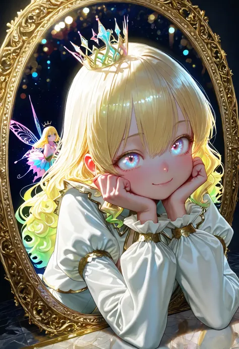 Young Woman Seated in a Crystal Chair,Graceful Posture,Strange Expression Reflected in the Mirror,A demon is peeking out of a mirror、magic palace ,Mysterious Atmosphere,the moon floating in the night sky,glittering decoration,Gorgeous Costumes,beautiful ey...