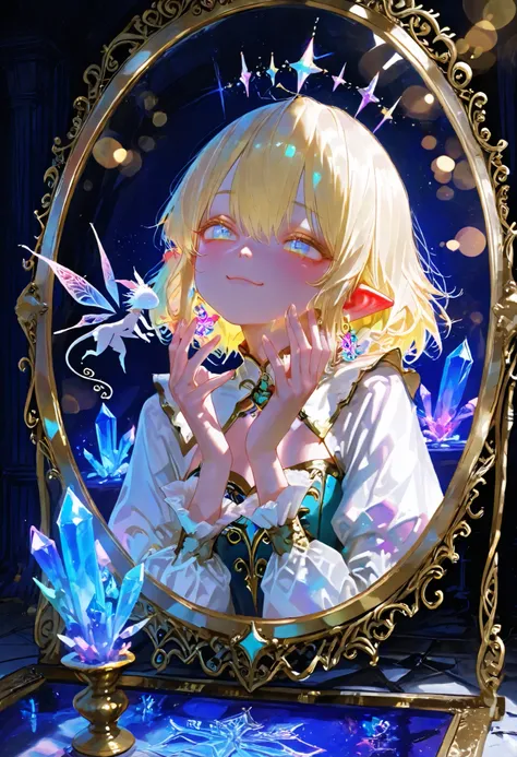 Young Woman Seated in a Crystal Chair,Graceful Posture,Strange Expression Reflected in the Mirror,A demon is peeking out of a mirror、magic palace ,Mysterious Atmosphere,the moon floating in the night sky,glittering decoration,Gorgeous Costumes,beautiful ey...