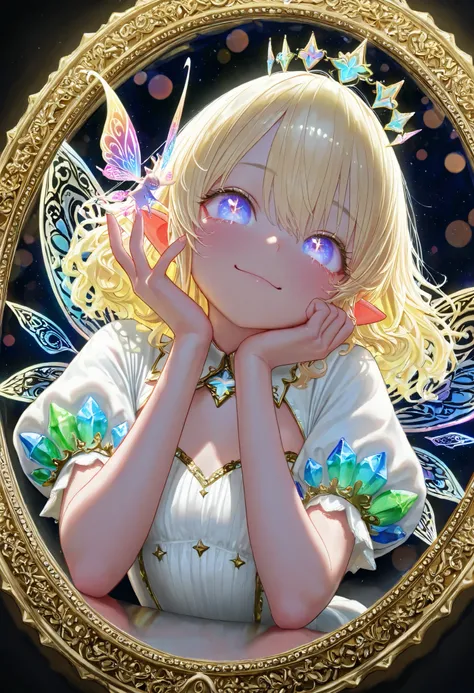 Young Woman Seated in a Crystal Chair,Graceful Posture,Strange Expression Reflected in the Mirror,A demon is peeking out of a mirror、magic palace ,Mysterious Atmosphere,the moon floating in the night sky,glittering decoration,Gorgeous Costumes,beautiful ey...