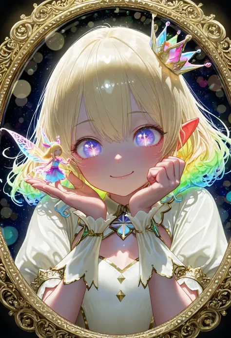 Young Woman Seated in a Crystal Chair,Graceful Posture,Strange Expression Reflected in the Mirror,A demon is peeking out of a mirror、magic palace ,Mysterious Atmosphere,the moon floating in the night sky,glittering decoration,Gorgeous Costumes,beautiful ey...