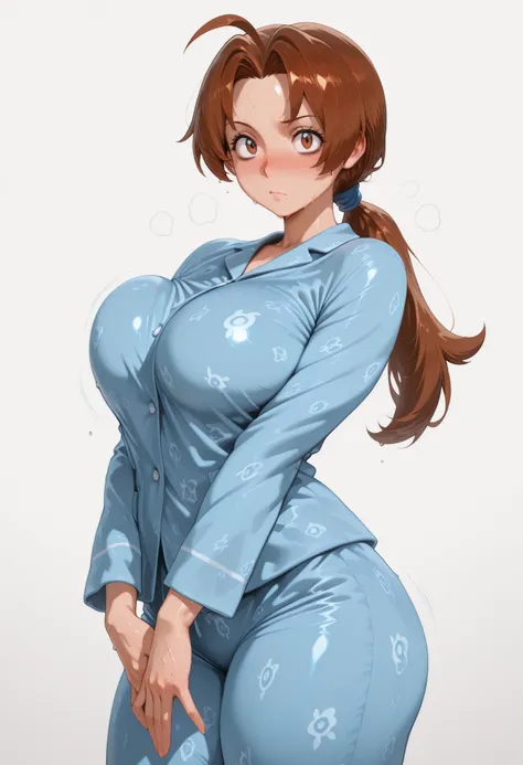 deliaketchum, brown hair, brown eyes, parted bangs, ahoge, ponytail, low ponytail, Solo, Delia Ketchum from Pokémon, BIG BREASTS , shiny skin, shiny hair, shiny body, clear body,, ,, , DYNAMIC POSE , BAGS UNDER EYES, LARGE BREASTS,, STANDIN UPRIGHT, COWBOY...