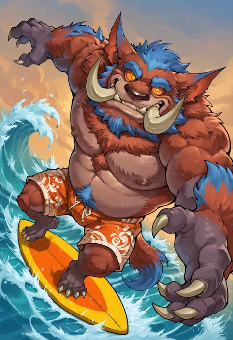 masterpiece, best quality, Kas20241013, high-angle view, dutch angle, solo, male, anthro, musclegut, m3g4gn4r, monster, tusks, orange eyes, amber sclera, fluffy tail, dipstick tail, claws, swimming trunks, surfing, wave, arms stretched, on surfboard, smug,...