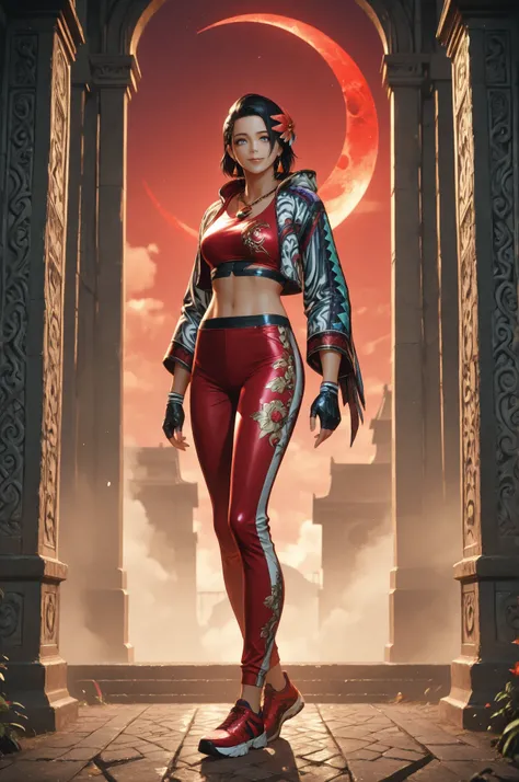 T8Azucena, 1girl, solo, black hair, short hair, blue eyes, hair ornament, eyesHD, high gradient eyes, detailed eyes, high definition eyes, jacket, red triangle earrings, black gloves, midriff, hair flower, fingerless gloves, necklace, a necklace with a mul...